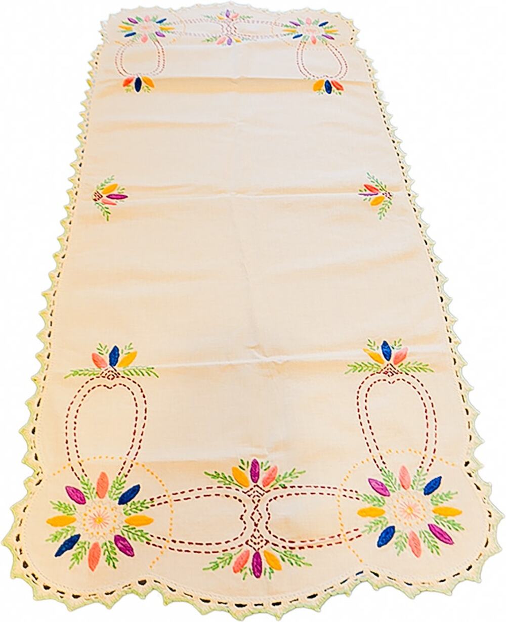 Vintage 40"x17" Hand-Embroidered Floral Boho Tablecloth Runner w/Crochet Trim